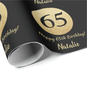 Happy 65th Birthday Black en Gold Glitter Cadeaupapier