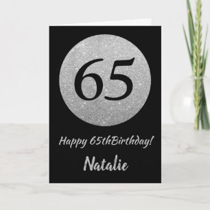 Happy 65th Birthday Black en Silver Glitter Card Kaart