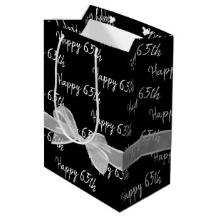 Happy 65th Birthday Bow op Black Medium Gift Bag Cadeauzakje