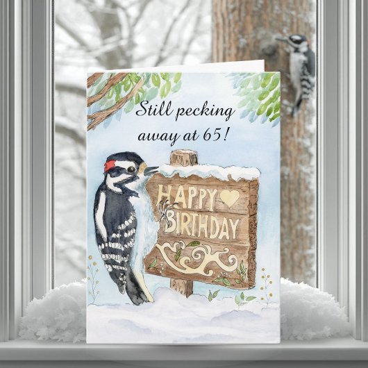 Happy 65th Birthday Downy Woodpecker Kaart