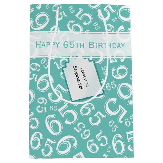 Happy 65th Birthday Number Pattern Blauwgroen en w Medium Cadeauzakje (Voorkant)