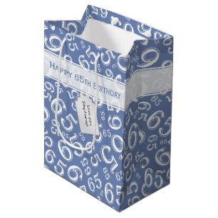Happy 65th Birthday Number Pattern Blue and White Medium Cadeauzakje