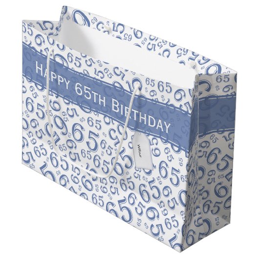 Happy 65th Birthday Party Pattern Blue and White Groot Cadeauzakje (Voorkant Gekanteld)