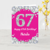 Happy 67th Birthday Hot Pink en Silver Glitter Kaart (Gele Bloem)