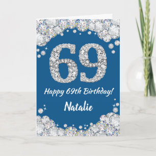 Happy 69th Birthday Blue en Silver Glitter Card Kaart