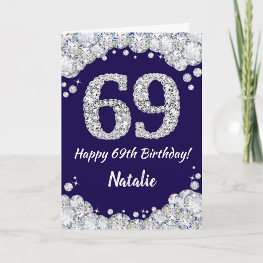 Happy 69th Birthday Navy Blue en Silver Glitter Kaart (Voorkant)