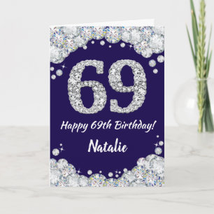 Happy 69th Birthday Navy Blue en Silver Glitter Kaart