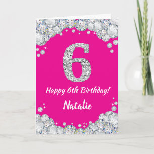 Happy 6th Birthday Hot Pink en Silver Glitter Kaart