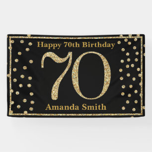 Happy 70th Birthday Banner Black en Gold Glitter