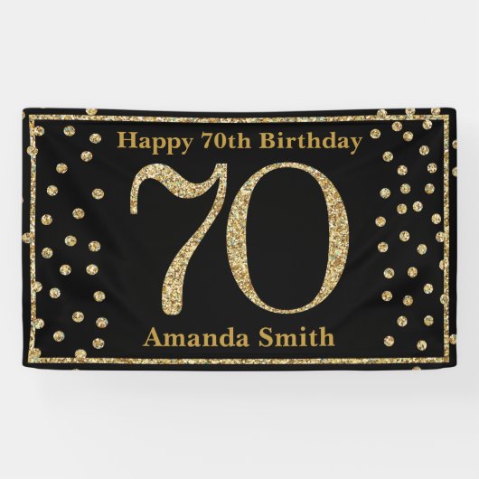 Happy 70th Birthday Banner Black en Gold Glitter (Horizontaal)