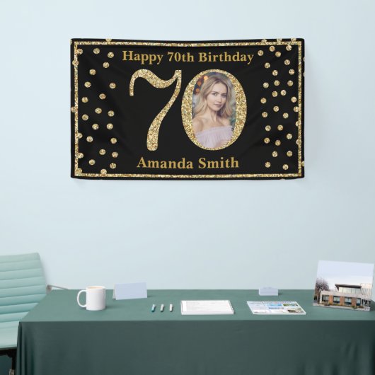 Happy 70th Birthday Banner Black en Gold Photo (Beurs)