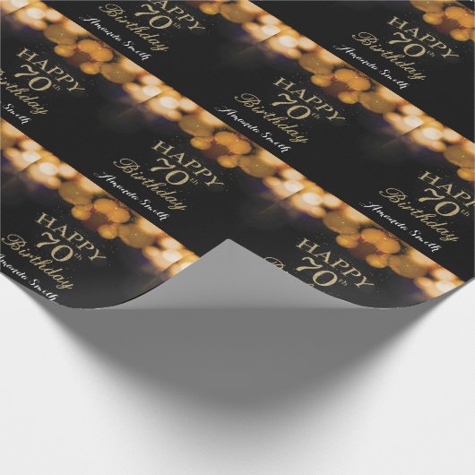 Happy 70th Birthday Black en Gold Glitter Cadeaupapier (Hoek)