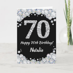 Happy 70th Birthday Black en Silver Glitter Card Kaart