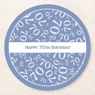 "Happy 70th Birthday" Blauw/Wit Getal Patroon Ronde Kartonnen Onderzetter