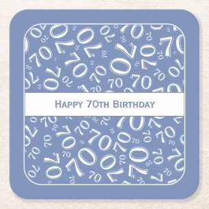 "Happy 70th Birthday" Blauw/Wit Getal Patroon Vierkante Kartonnen Onderzetter