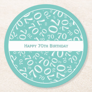 "Happy 70th Birthday" Blauwgroen/wit getallenpatro Ronde Kartonnen Onderzetter