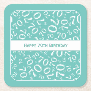 "Happy 70th Birthday" Blauwgroen/wit getallenpatro Vierkante Kartonnen Onderzetter