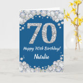 Happy 70th Birthday Blue en Silver Glitter Card Kaart (Gele Bloem)