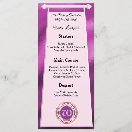 Happy 70th Birthday Pink Glitter Folie Menu (Voorkant)