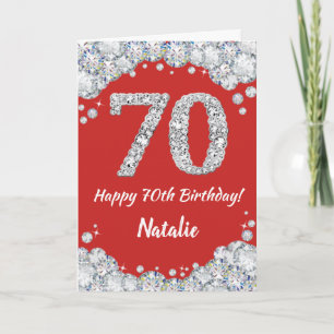 Happy 70th Birthday Red en Silver Glitter Card Kaart