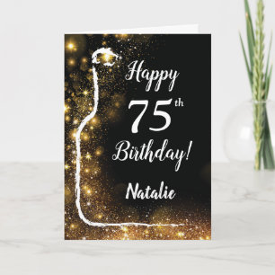 Happy 75th Birthday Black en Gold Glitter Wine Kaart