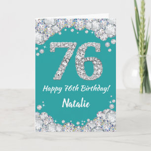 Happy 76th Birthday Blauwgroen en Silver Glitter C Kaart