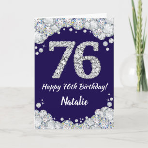 Happy 76th Birthday Navy Blue en Silver Glitter Kaart