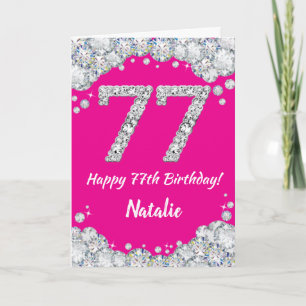 Happy 77th Birthday Hot Pink en Silver Glitter Kaart