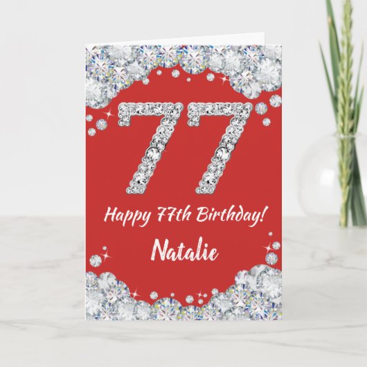 Happy 77th Birthday Red en Silver Glitter Card Kaart (Voorkant)