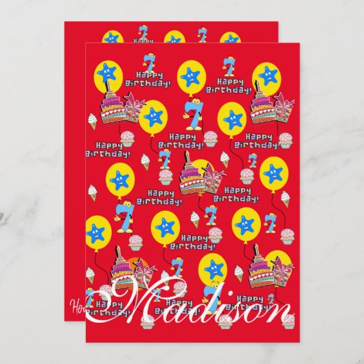 Happy 7th Birthday Invitation Birthday #7 Red Kaart (Voorkant / Achterkant)