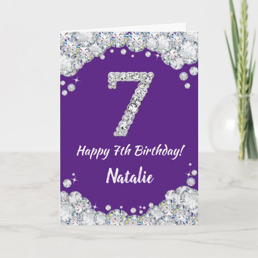 Happy 7th Birthday Paars en Silver Glitter Card Kaart (Voorkant)
