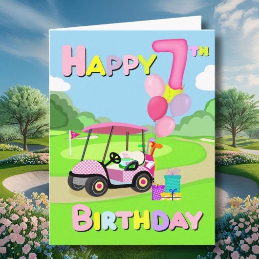 Happy 7th Birthday Polka Dot Pink Girly Golf Kaart