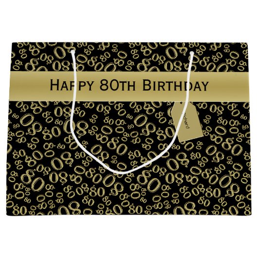 Happy 80th Birthday Black en Gold Number Pattern Groot Cadeauzakje (Voorkant)