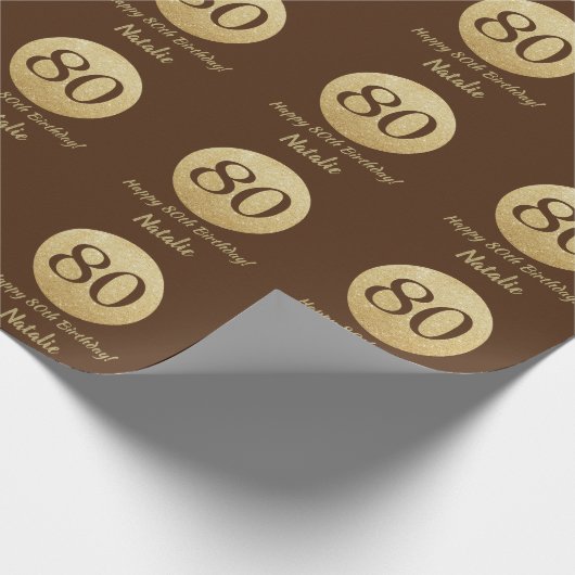 Happy 80th Birthday Brown and Gold Glitter Cadeaupapier (Hoek)