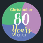 Happy 80th Birthday Classic Round Sticker<br><div class="desc">stickers 80e anniversaire. Célébrez un anniversaire avec un autocollant personnalisé indiquant le nom du récipiendaire et le nombre d'années. Sticker pour 80 ans.</div>