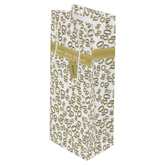 Happy 80th Birthday Gold en White Number Pattern Wijn Cadeautas (Voorkant Gekanteld)