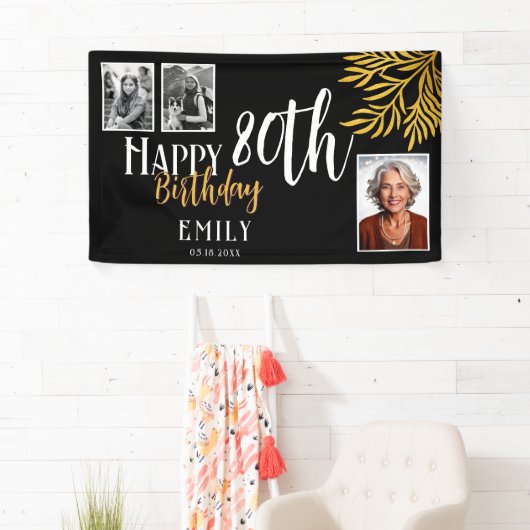 Happy 80th Birthday Gold Foliage 3 Photo Backdrop Spandoek (Insitu)