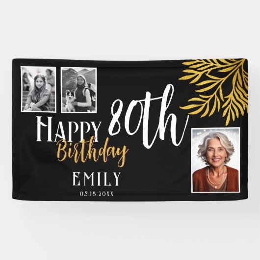 Happy 80th Birthday Gold Foliage 3 Photo Backdrop Spandoek (Horizontaal)