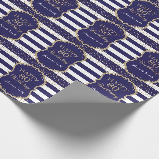 Happy 80th Birthday Gold Glitter en Navy Blue Cadeaupapier (Hoek)
