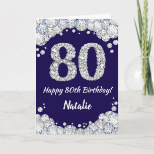 Happy 80th Birthday Navy Blue en Silver Glitter Kaart