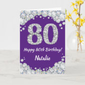 Happy 80th Birthday Paars en Silver Glitter Card Kaart (Gele Bloem)