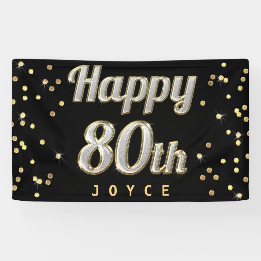 Happy 80th Bling Typography Gold Confetti Black Spandoek (Horizontaal)
