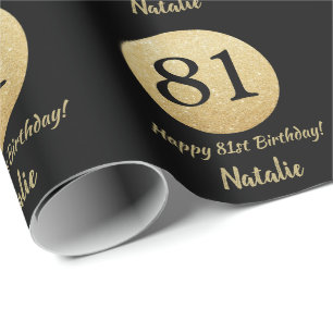 Happy 81st Birthday Black en Gold Glitter Cadeaupapier