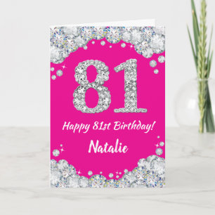 Happy 81st Birthday Hot Pink en Silver Glitter Kaart