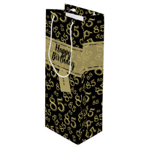 Happy 85th Birthday Number Pattern Black/Gold Wijn Cadeautas