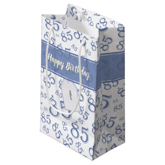 Happy 85th Birthday Number Pattern Blue/White Klein Cadeauzakje (Voorkant Gekanteld)