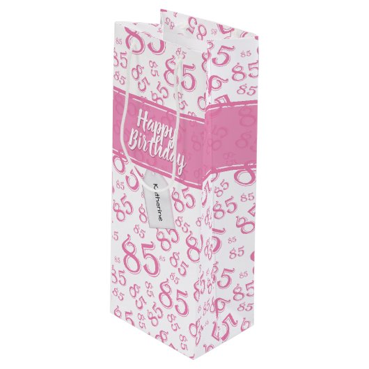 Happy 85th Birthday Number Pattern Pink/White Wijn Cadeautas (Voorkant Gekanteld)