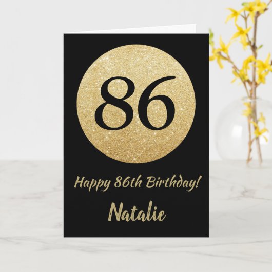 Happy 86th Birthday Black en Gold Glitter Kaart (Gele Bloem)