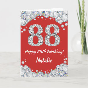 Happy 88th Birthday Red en Silver Glitter Card Kaart