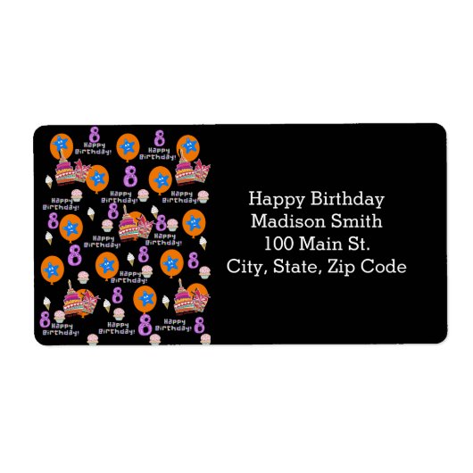 Happy 8th Birthday Adresetiketten, zwart Etiket (Voorkant)